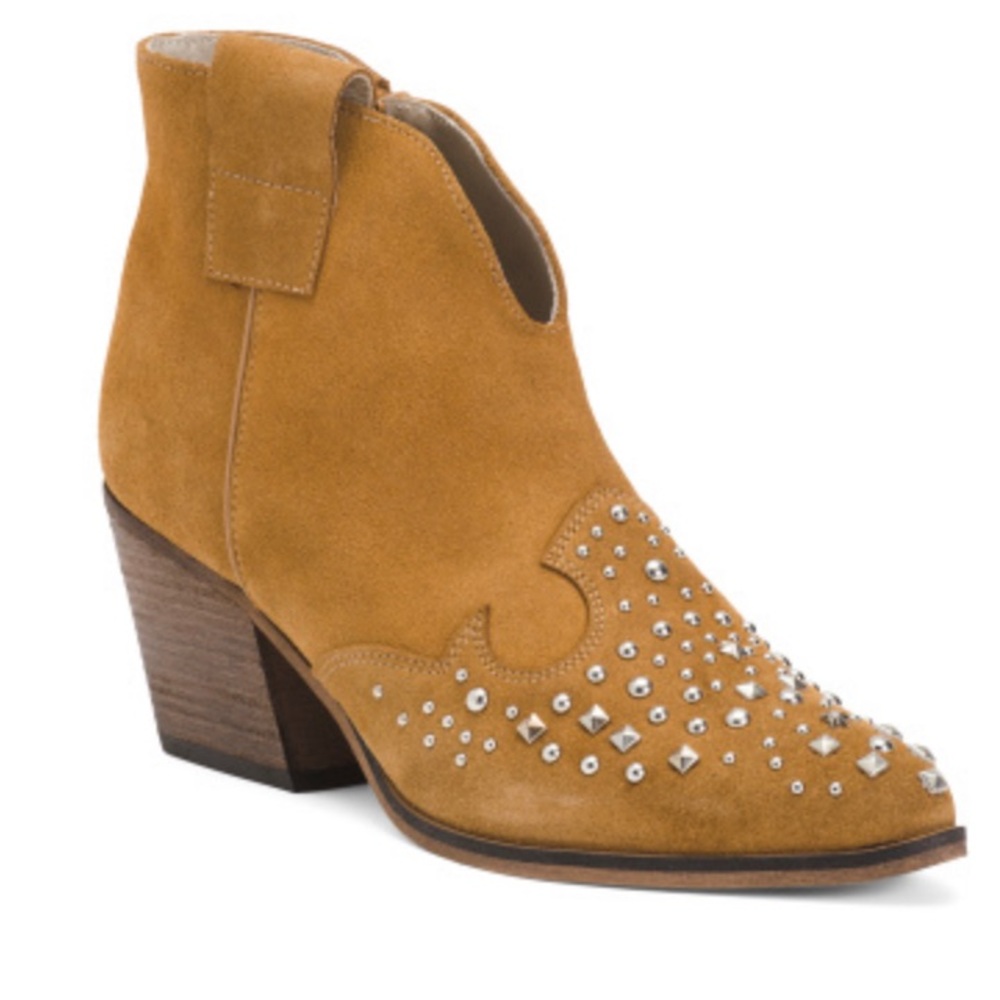 Deabused Suede Studded Western Pointed Toe Side Zip Cognac Ankle Boots 7.5, 8.5